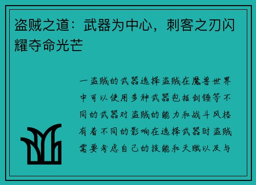 盗贼之道：武器为中心，刺客之刃闪耀夺命光芒